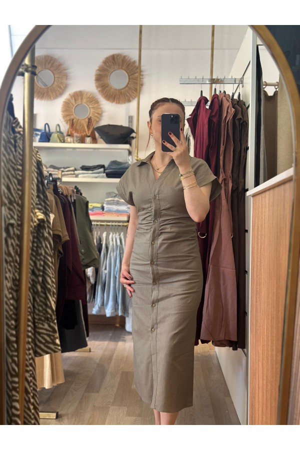 BÜZGÜLÜ KETEN ELBİSE