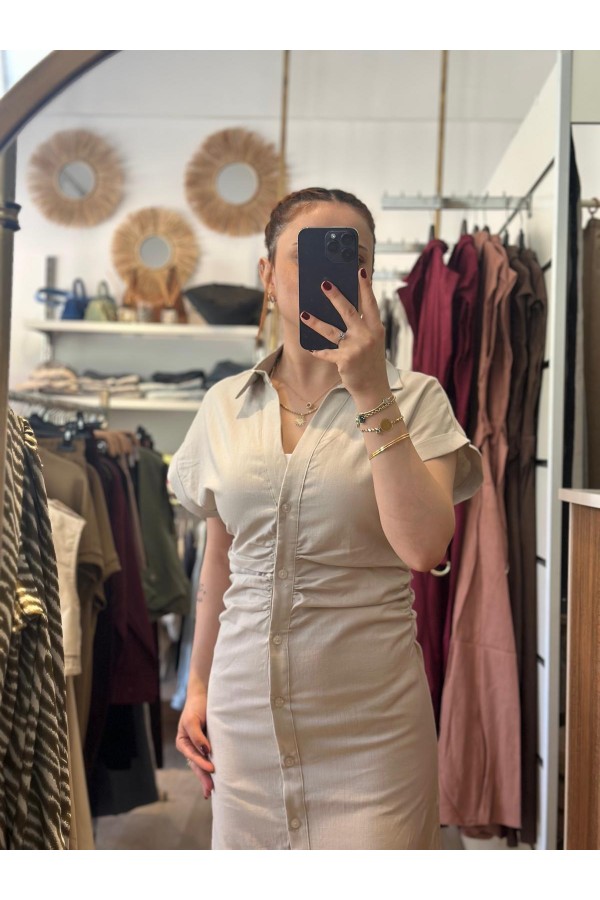 BÜZGÜLÜ KETEN ELBİSE