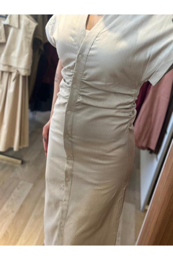 BÜZGÜLÜ KETEN ELBİSE