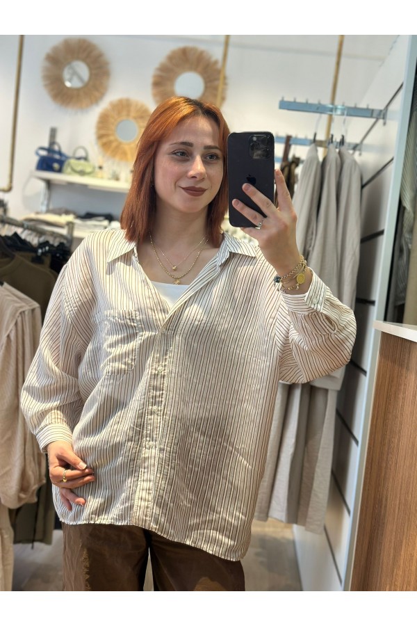 KAHVE ÇİZGİLİ TRANSPARAN GÖMLEK