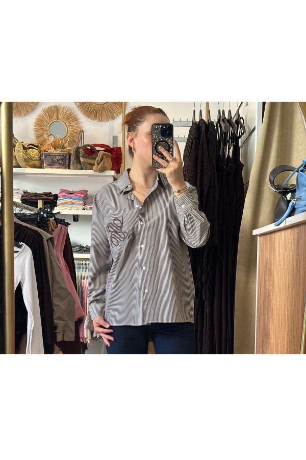 KAHVE ÇİZGİLİ GÖMLEK