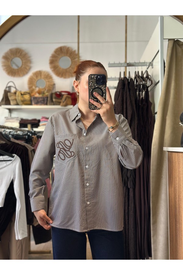 KAHVE ÇİZGİLİ GÖMLEK