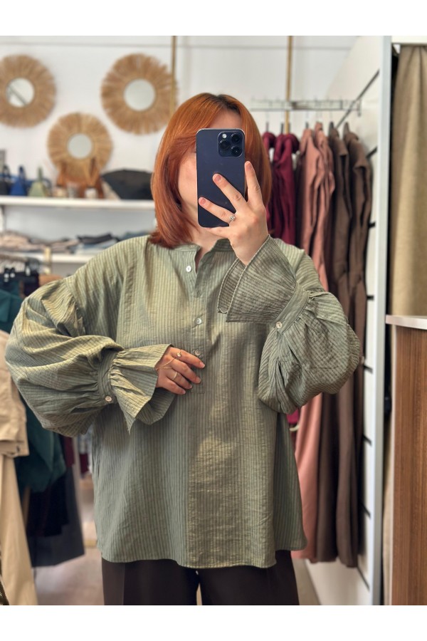 HAKİ RİKİ KOLLARI FIRFIRLI GÖMLEK